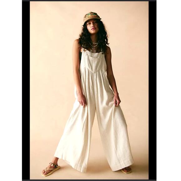 Free People Pants - Free People sun drenched wide leg 100% cotton boho overalls cream color size XS